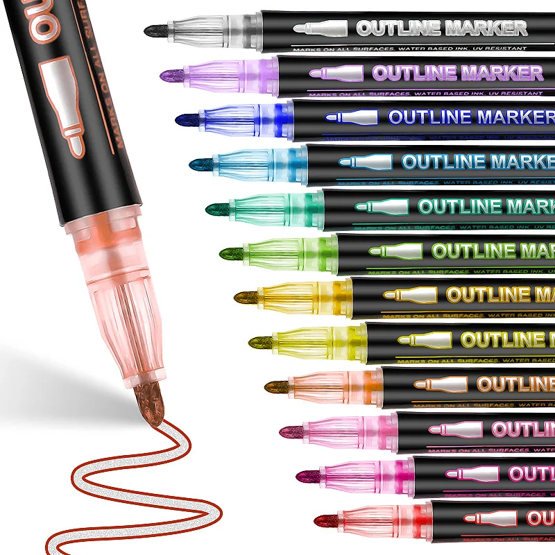 Customized Logo 36 Colors Silver Double Line Marker Pen Set Metallic Outline