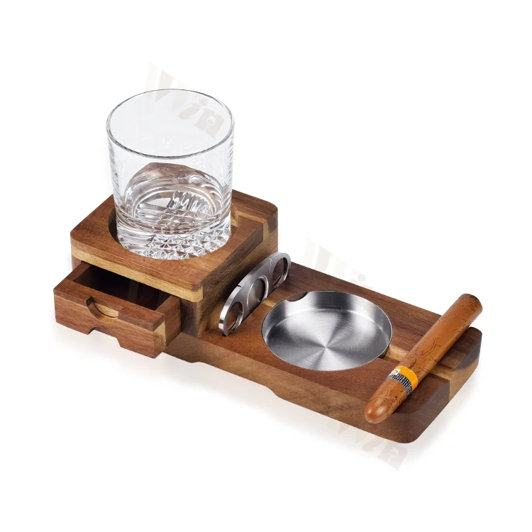 Personalized Custom High Quality Luxury Wooden Cigar Ashtray Heavy Base Lead Free Whiskey Glass Set With Cutter Gift For Men