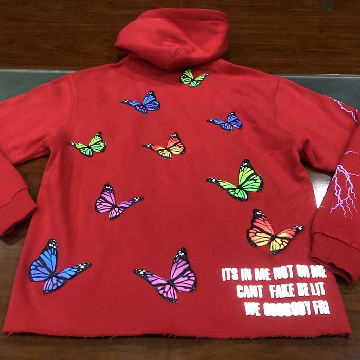 huili low moq custom foam print graphic hoodie men thick 3d puff print cut dege cropped raw hem hoodies