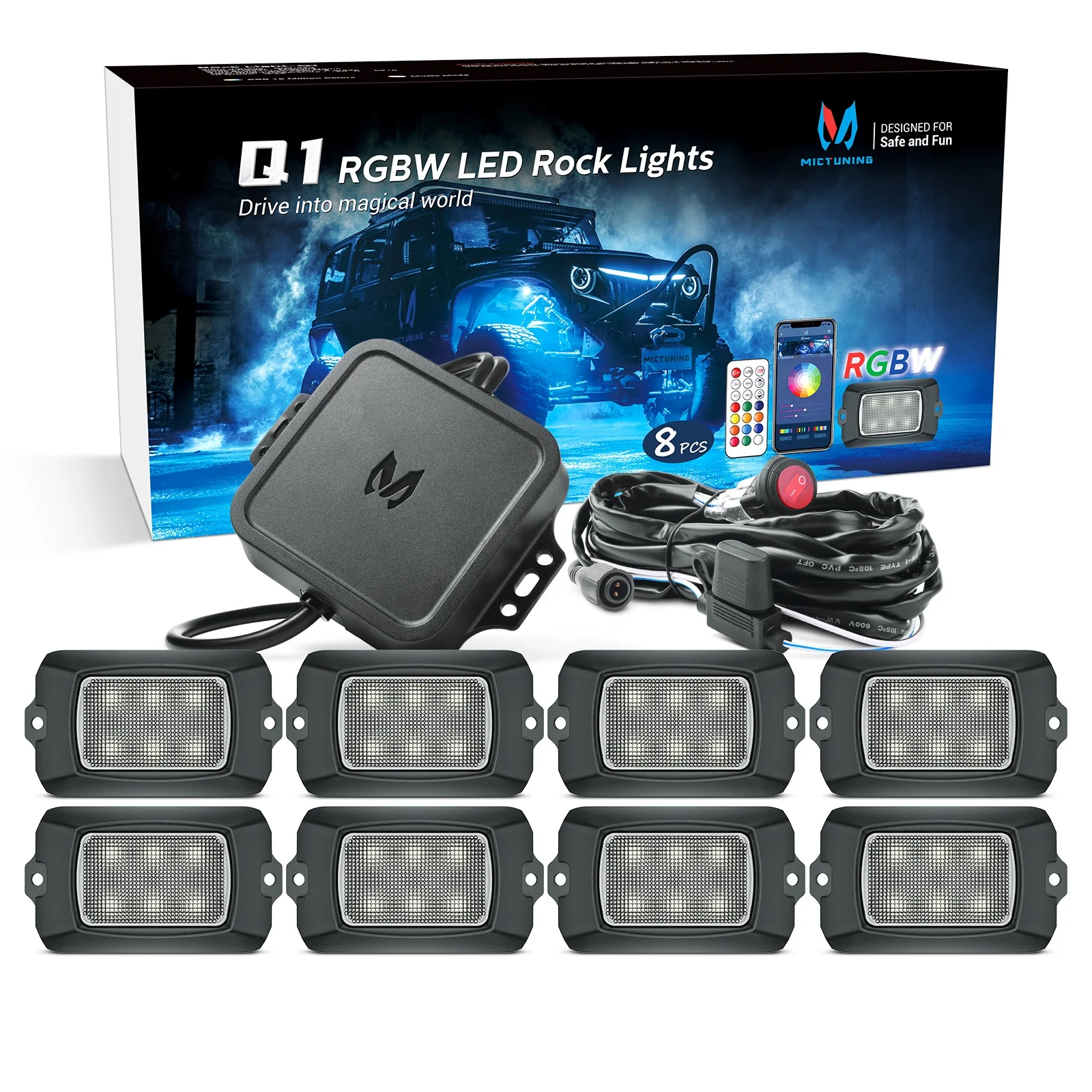 MICTUNING новейший дизайн 5-разъем Q1 8 светодиодных ламп RGBW LED чистый белый цвет вспомогательное освещение Светодиодные фары рок