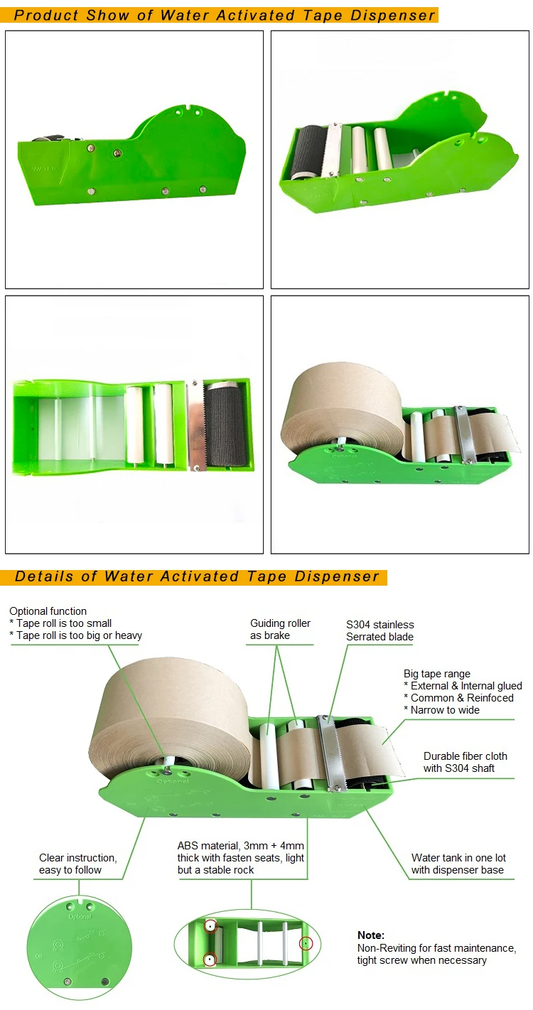 Green Color Wet-Water Water Activated Tape Dispenser Easily Kraft Gummed Tape Desktop Dispenser Machine for Box Sealing