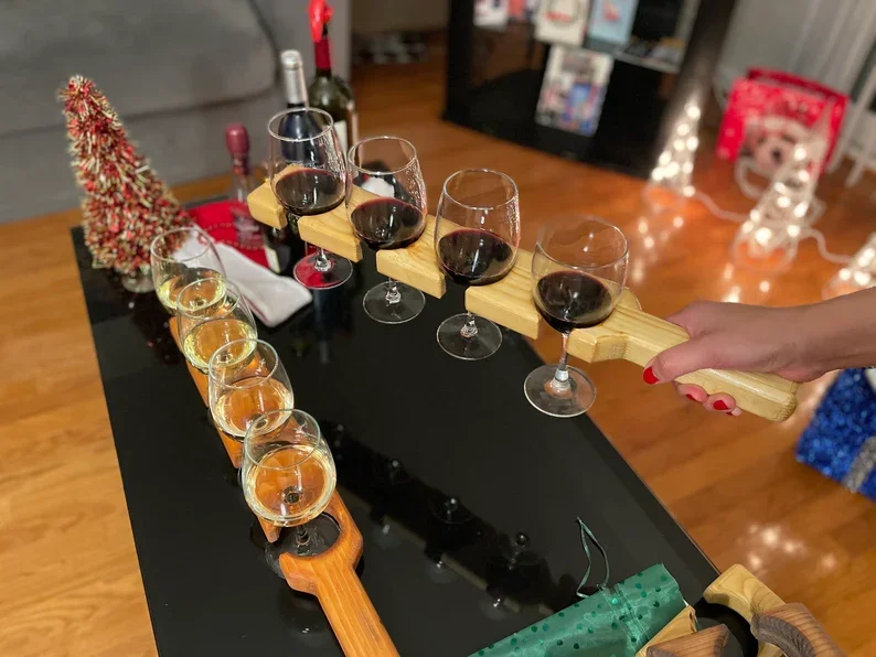 FSC Wholesale Bar Tasting Flight Paddle Board Shot Glass Paddle Wooden Serving Tray Wine Cup Holder Shot Glass Tray