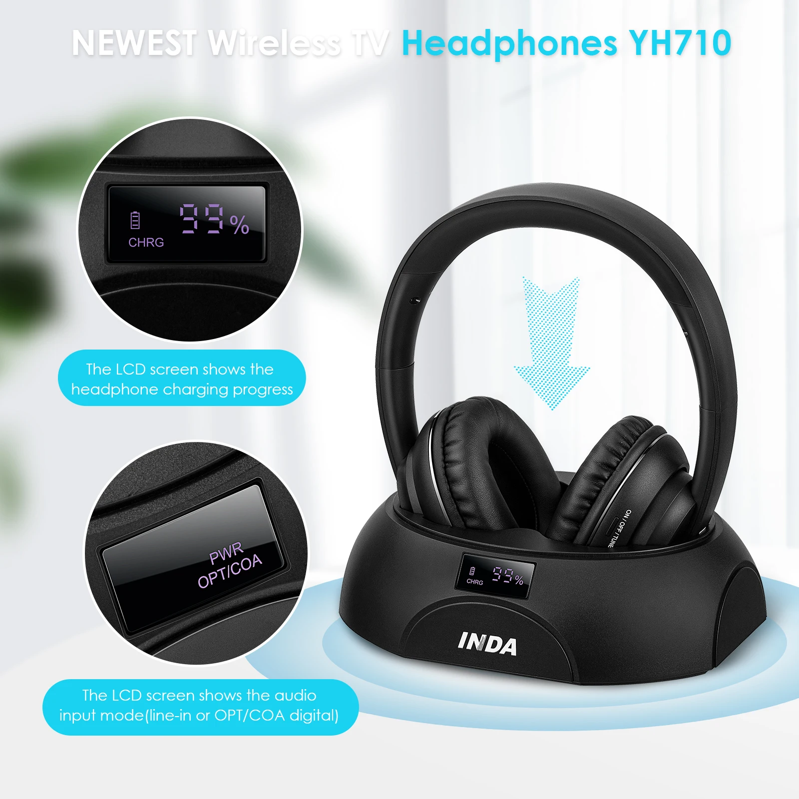 Headphones for TV, wireless stereo headset for TV viewing with charging station INDA YH710