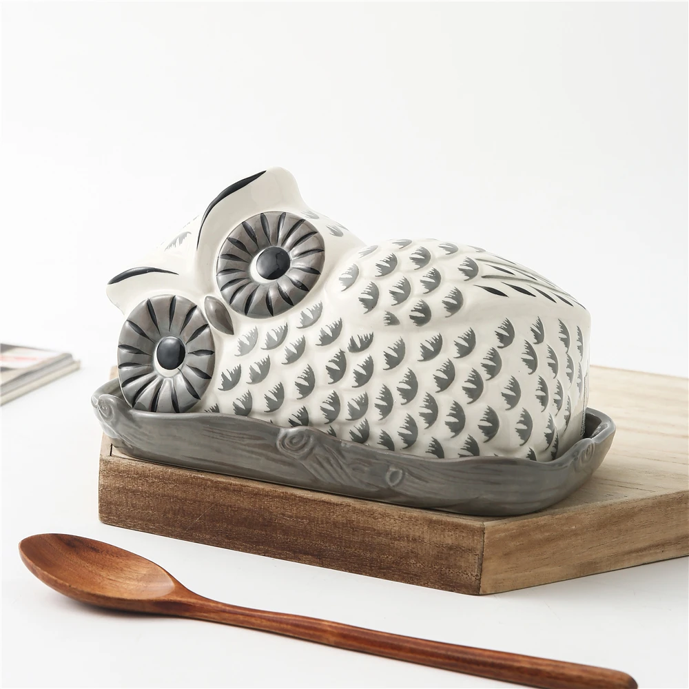 Promotional Custom Logo Handmade Kitchen Butter Storage Box Solid Cheese Container Cartoon Owl Animal Ceramic Butter Dish