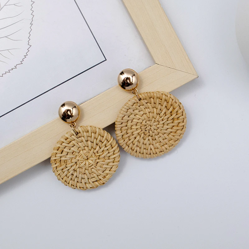 Rattan Earrings Women Summer Hoop Wicker Straw Handmade Beach Jewelry Woven Round Drop Dangle Earrings