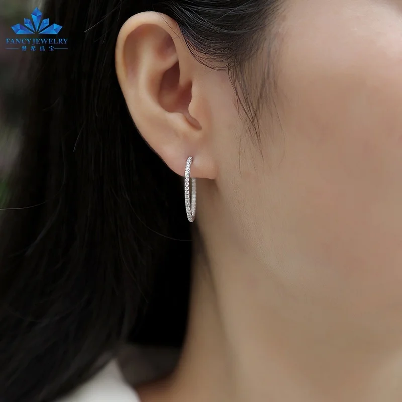 Fine Jewelry Earrings Silver 2.0mm18K White Gold Plated 925 Sterling Silver VVS D Color Moissanite Stud Earrings Hoop Earrings