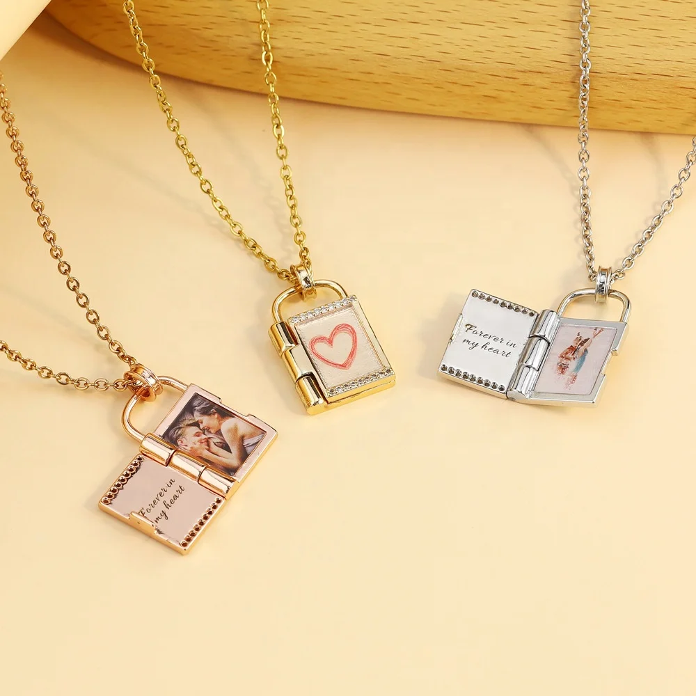 Romantic Heart Design White Stone Lock Brass Photo Jewelry Locket