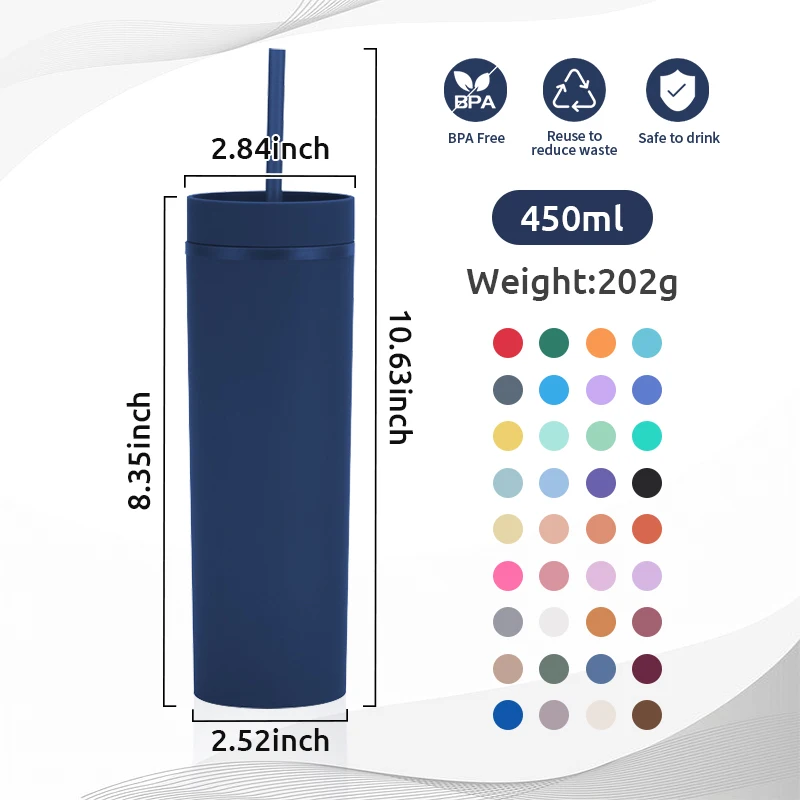 Promotion Gift 16 oz Doouble wall Plastic Cup Reusable Simple matte rubber paint 16oz skinny acrylic tumbler with lid and straw