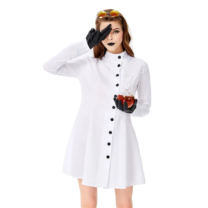 Female White Crazy Scientist Costume with Glasses Halloween Carnival Costumes for Women