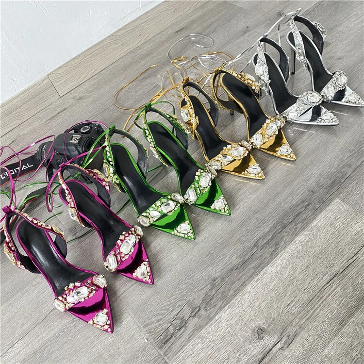Rhinestone fashion 2022 new high heeled pointed bride wedding shoes women crystal stiletto sandals rope sandal