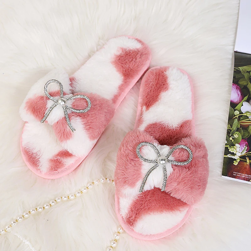 2023 Wholesale Ladies Bowknot Fuzzy Inoor Home Slides Plush Fur Floor Shoes Fall Winter Diamond Shiny Bow Slippers