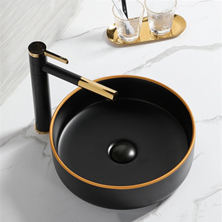 Пользовательский дизайн столешницы матовая черная керамическая раковина для ванной комнаты Современная и золотая линия художественная