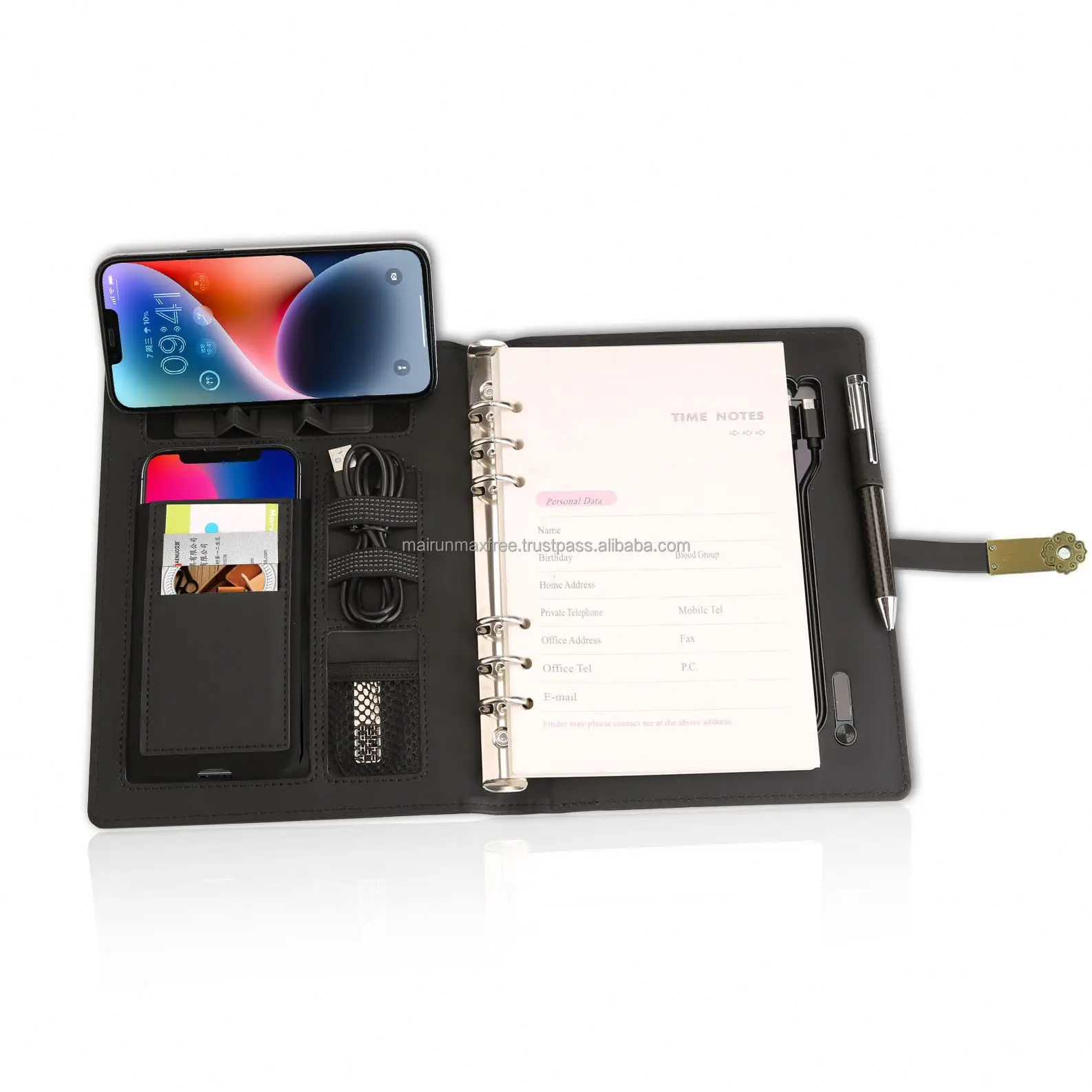 Многофункциональный кожаный ноутбук с беспроводной зарядкой a5 портативным банком индивидуальный планировщик логотип освещения зарядным устройством