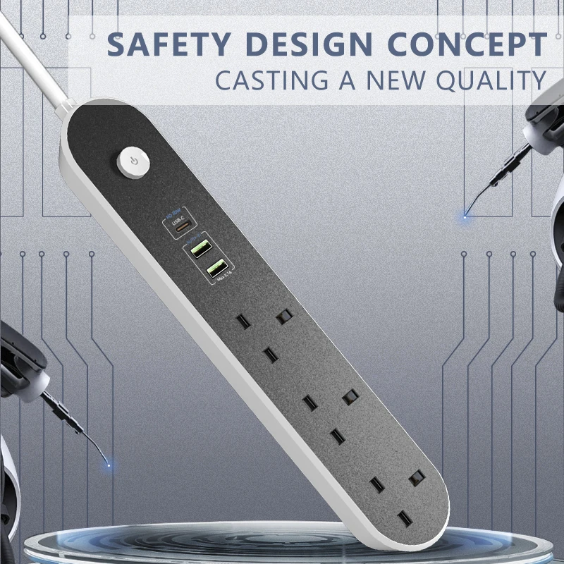 British Multifunctional USB Power Strip Type C PD Quick Charger Surge Protector Extension cord 3outlets Socket 2M Copper UK Plag