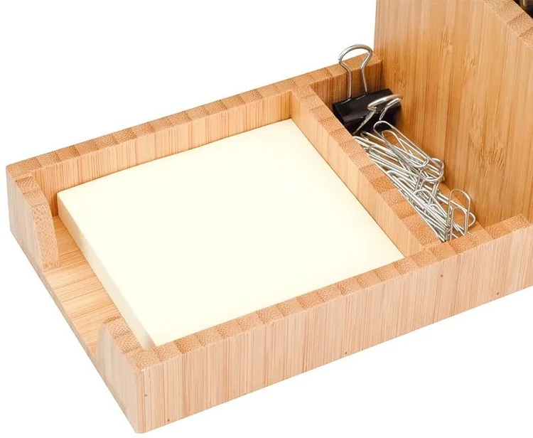 Bamboo Desk Organizer Pencil Stand Pen Holder With Tray For Small Stationery Items Desktop Storage Rack For Paperclip Card