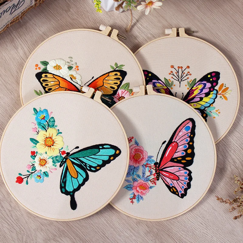 Wholesale DIY Butterfly Embroidery Kit For Beginner Floral Modern Plant Hand Embroidery Kit with Needlepoint Hoop DIY Craft Kit