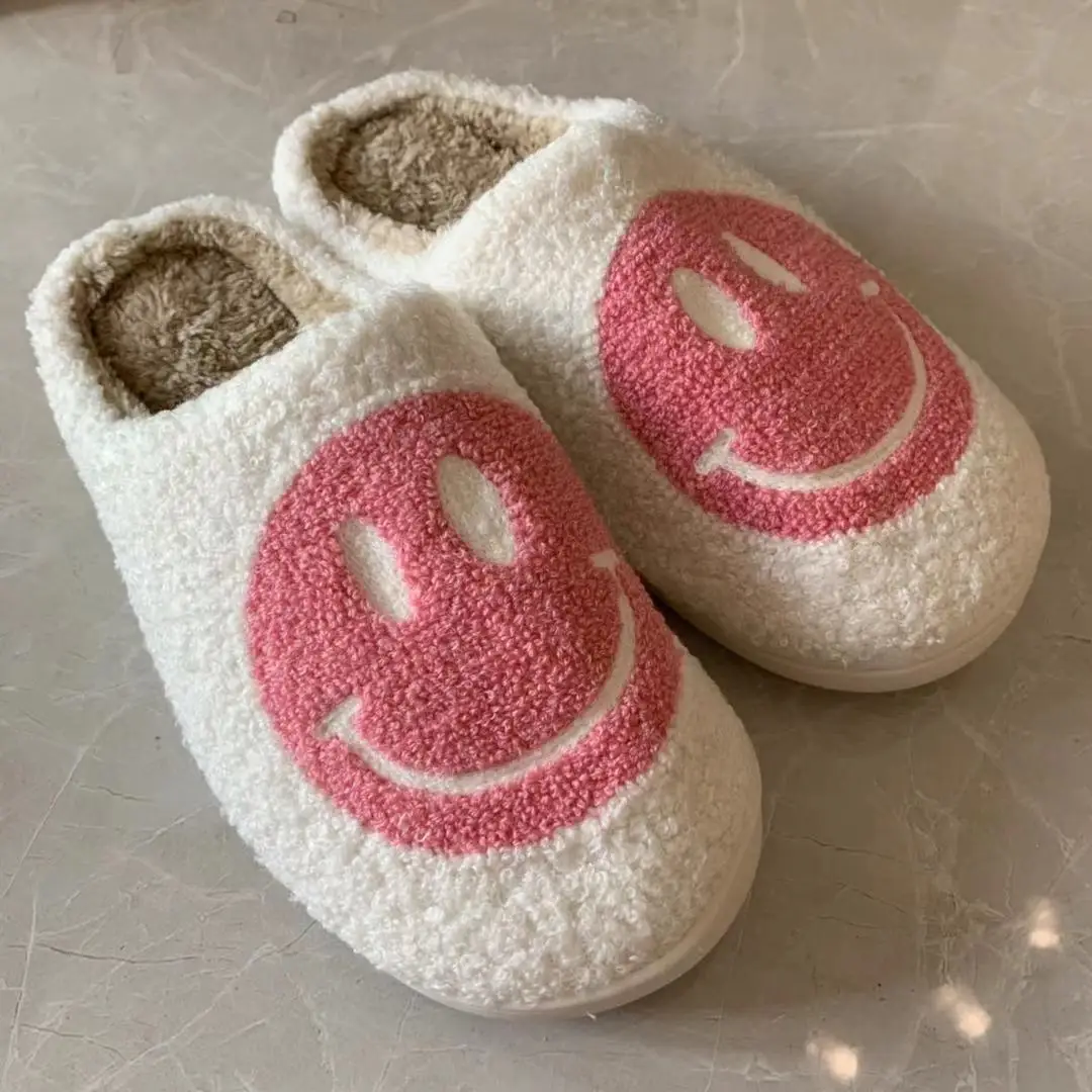 
 CIXI AIDA new color pink cute smile face pattern smiley slipper large size ladies winter indoor flat warm house slippers  
