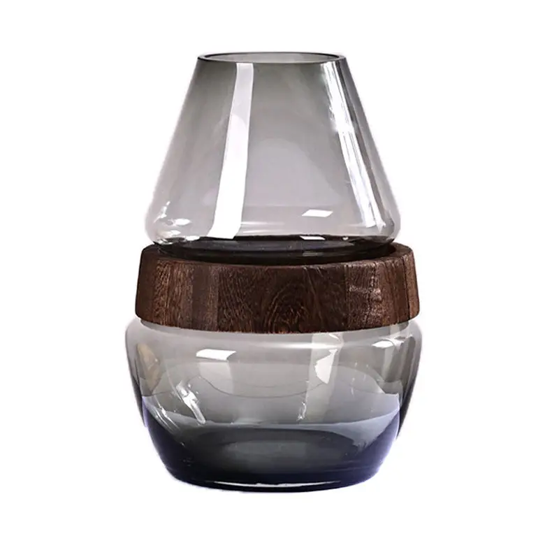 Minimalist Smoke-Glass Round Vase with Natural Wood Stand for Florals Homeware Decor