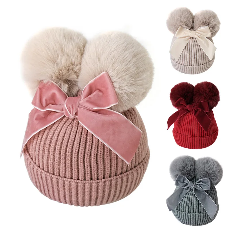 Pompon Baby Winter Hat for Girls Beanies Warm Bow Beanie Kids Cap Fur Ball Pom Pom Baby Girl Hat Snow Children Hats