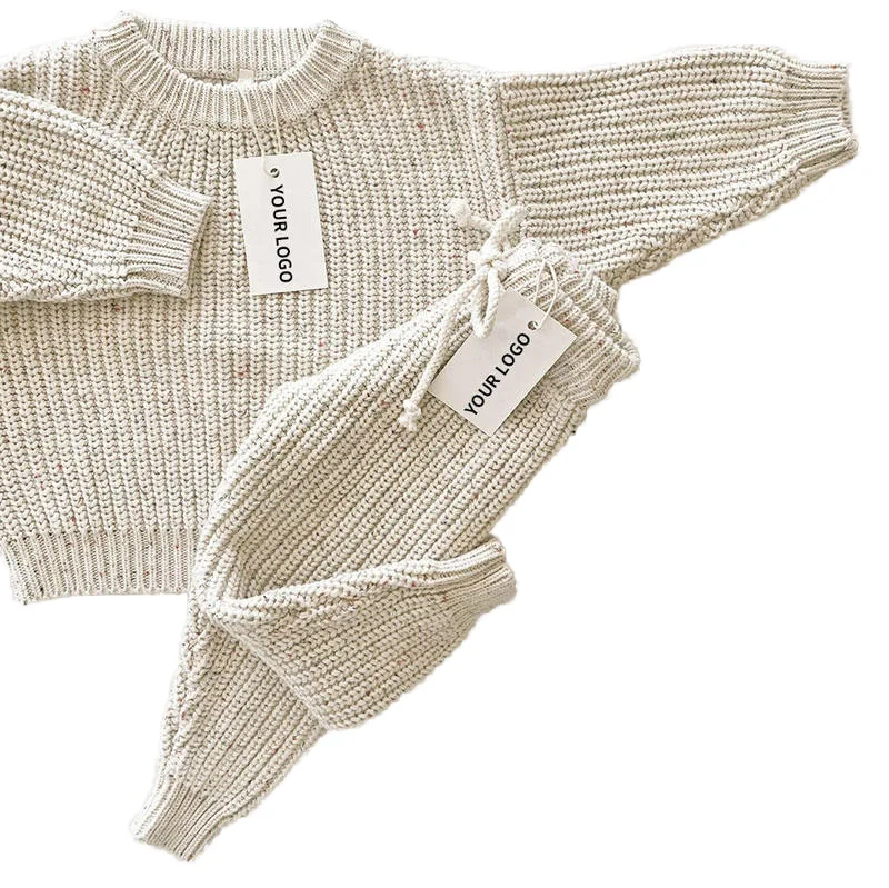 Custom Logo Sprinkle Cotton Baby Sweaters New Born Winter Clothes Ribbed Chunky Knitted Pant Long Sleeve Kids Knitwear Set