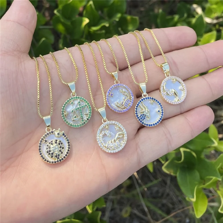 Fashion Jewelry 18k Gold Plated 12 Con-stellation Round Charm Women Colorful Zircon Shell Brass Zodiac Pendant Necklaces