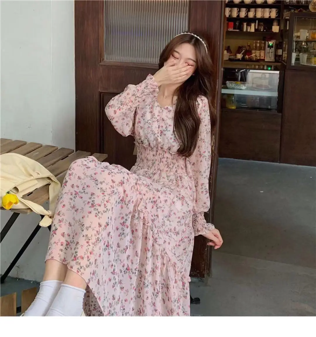 Long sleeve casual dresses elastic cuffs v neck Pearl button decoration floral print  chiffon maxi dress