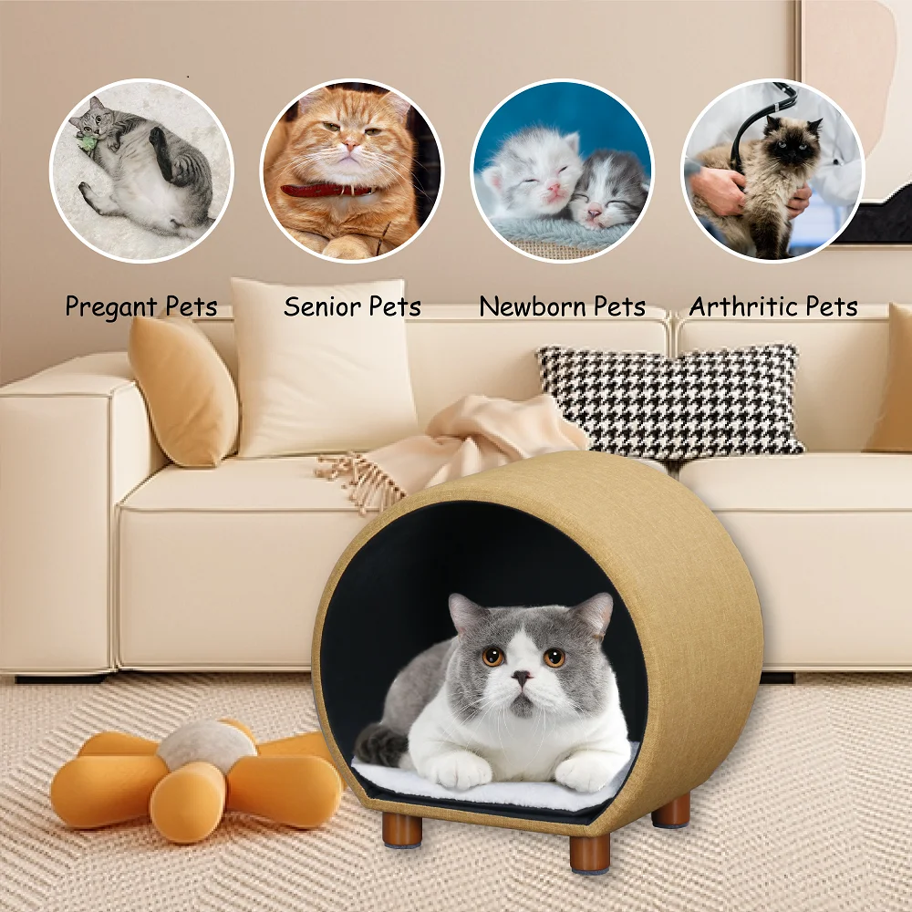 round unfoldable wooden cat nest beds house with wooden legs for indoor cats