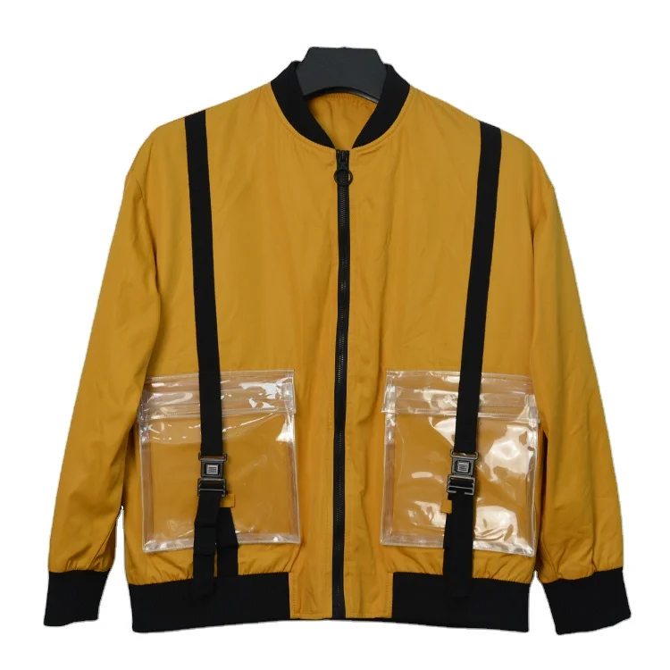 
Custom logo yellow polyester TPU patchwork streetwear casual light mens bomber jacket 
