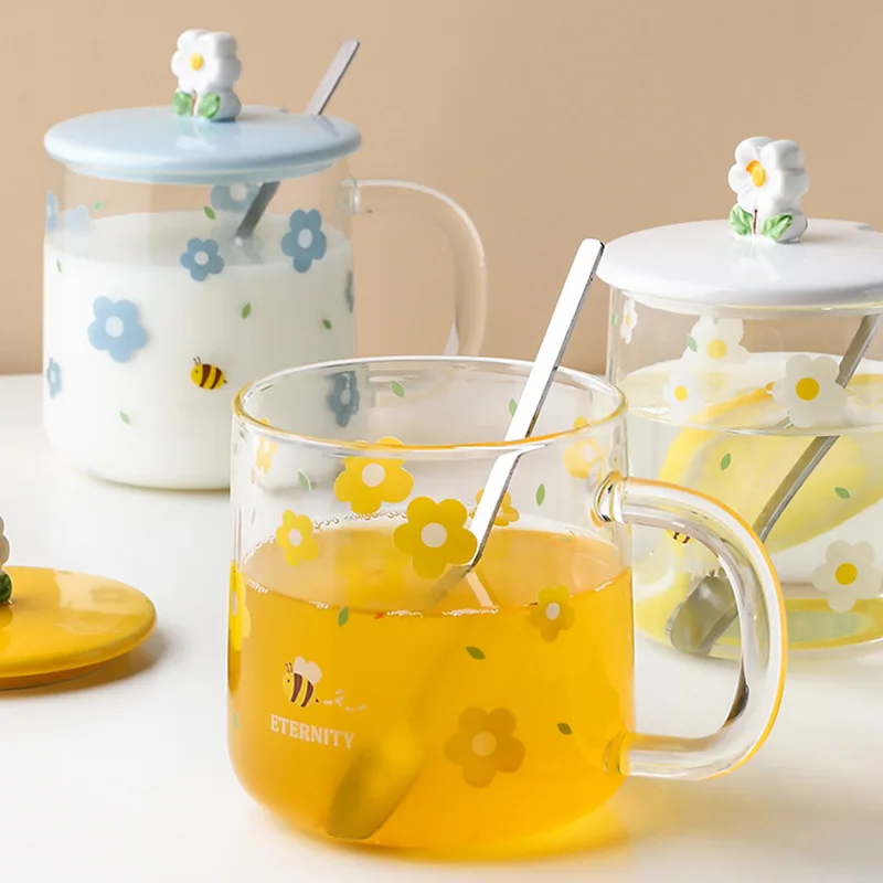2022 Manufacturers Wholesale Cute Printed Cartoon Glass Home Super Stereo Flower with Lid and Spoon Breakfast Coffee Mug