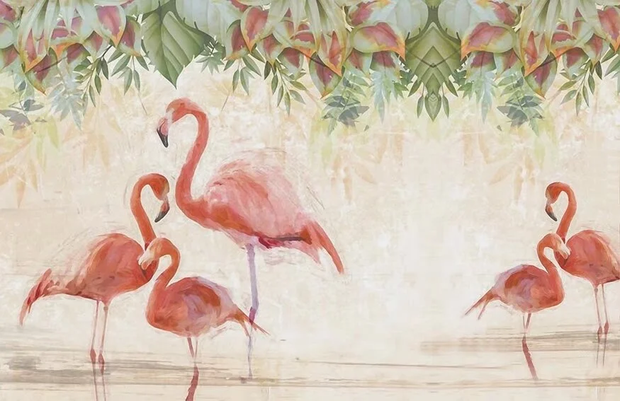 hotel restaurant home children room decoration new pink swans flamingo palm tree design custom fabric high-end wall mural