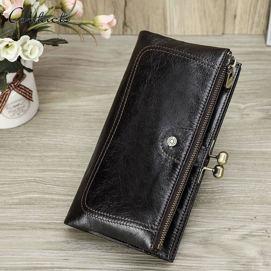 Genuine Leather Woman Credit Card Holder Metal Frame Closure Coin Purse Long bifold Wallet Women
