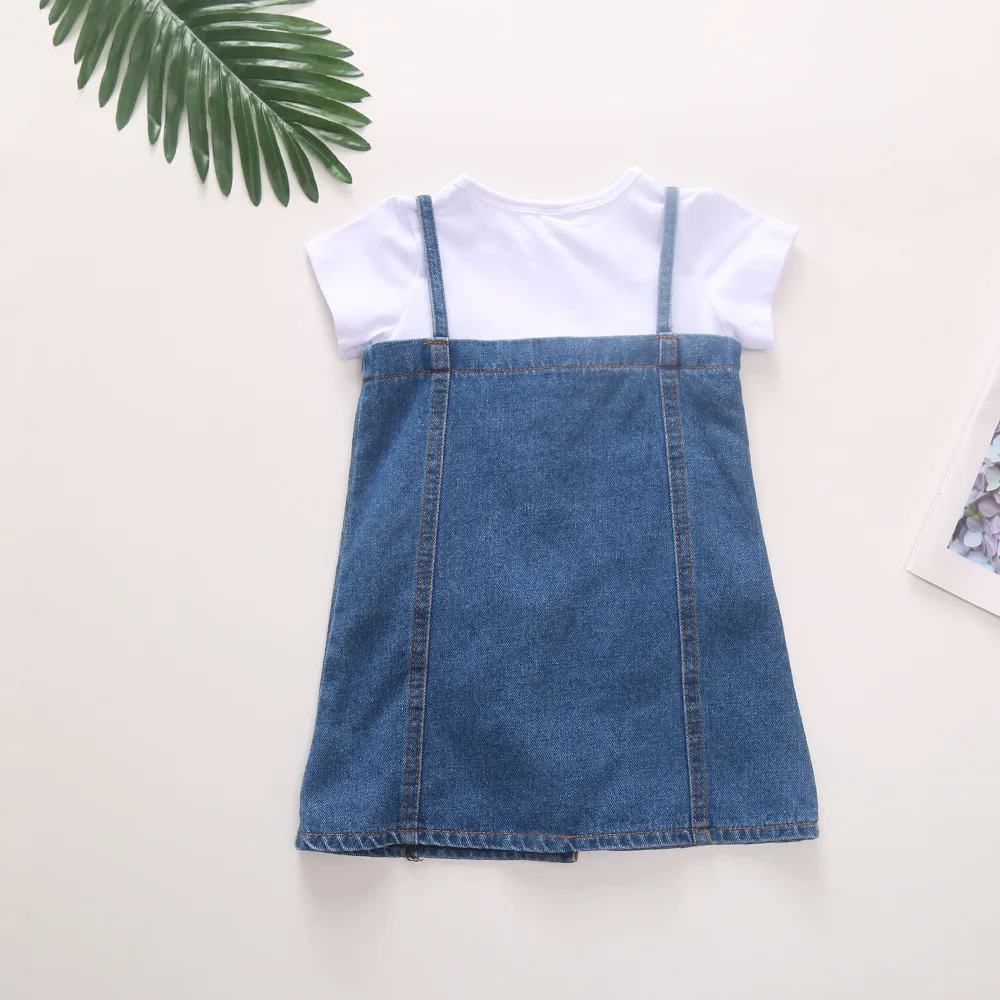 Toddler Girl Dress Short Sleeve White Cotton and Spaghetti Strap Patchwork Denim Dress Cute Kid Girl Jean Dress for summer