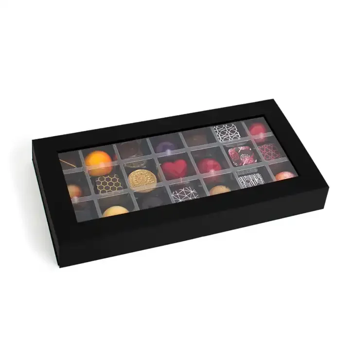 Custom empty black chocolate truffle box packaging with window boxes for truffles