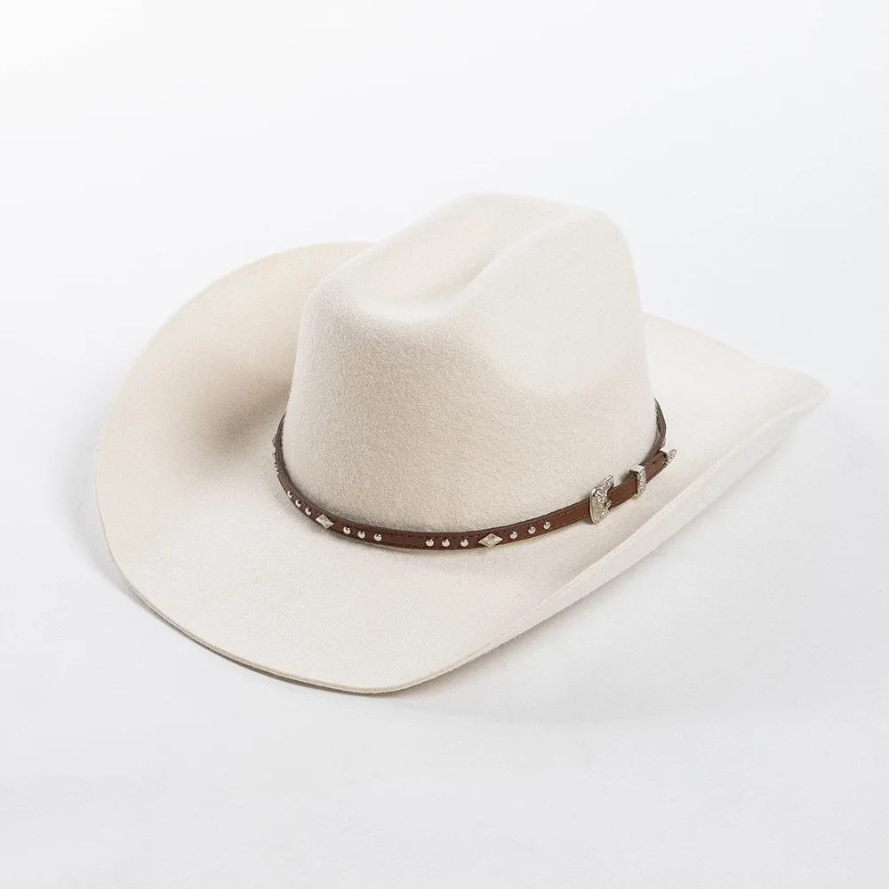 Wholesale 2024 New Arrival Dee Sombreros 100% Wool Felt Mexican Men Cowboy Hat with Rivets Leather Belt 2