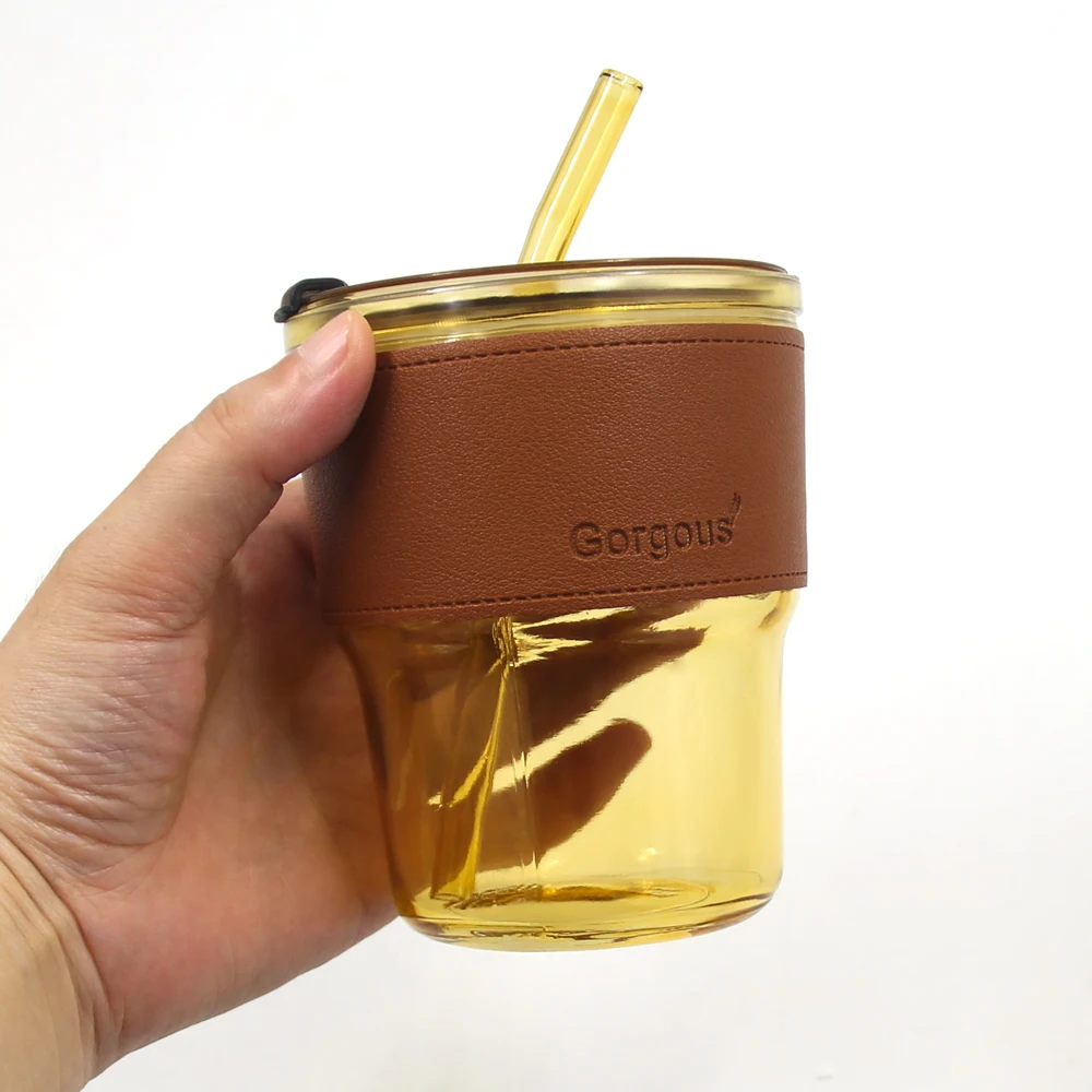 Vintage Bamboo Design Mug Thicken Tea Coffee Dome Amber Water Glass Cup with Lid Straw and Cup Sleeve