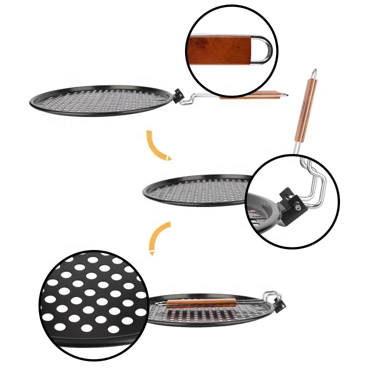 Bbq Vegetable Grill Pan Wok Accessories Non Stick Metal Grill Round Topper Skillet Basket With Folded Wood Handle