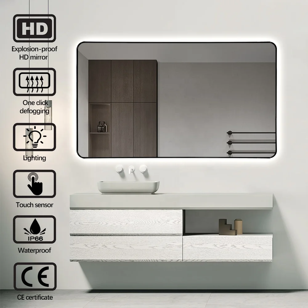 Aluminum alloy metal framed wall rectangle led backlit bathroom smart mirror hotel led lighted mirror