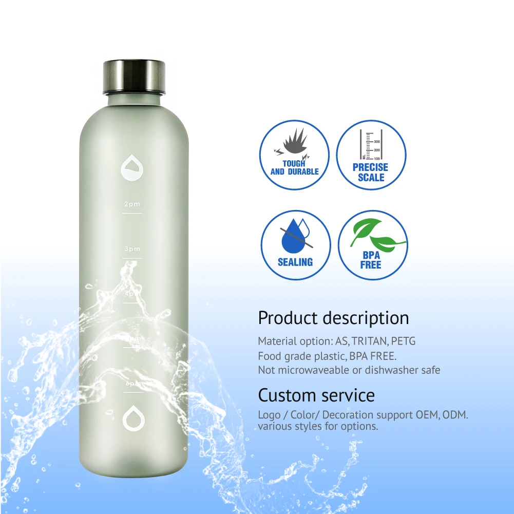 32 Oz 1 Litre BPA Free Frosted Tritan Plastic Motivational Sports Water Drink Bottle with Time Markings