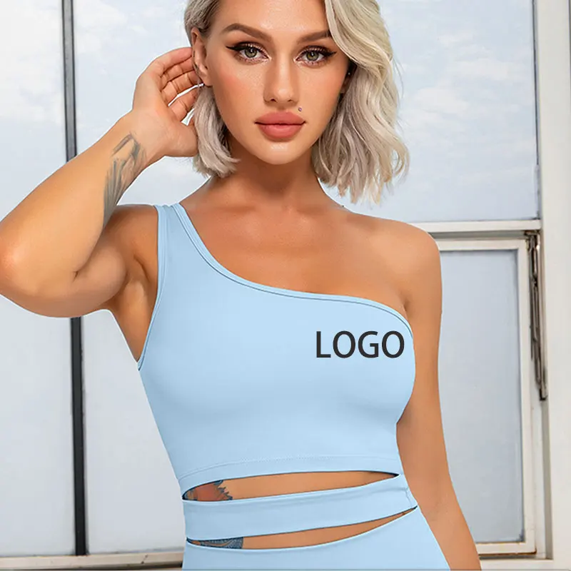 Manufacture Top Fashion Yoga Fitness Bra Recycled Fabric Yoga Top Wear Womens Oblique Shoulder Sport Bras Gym Clothing With Pad