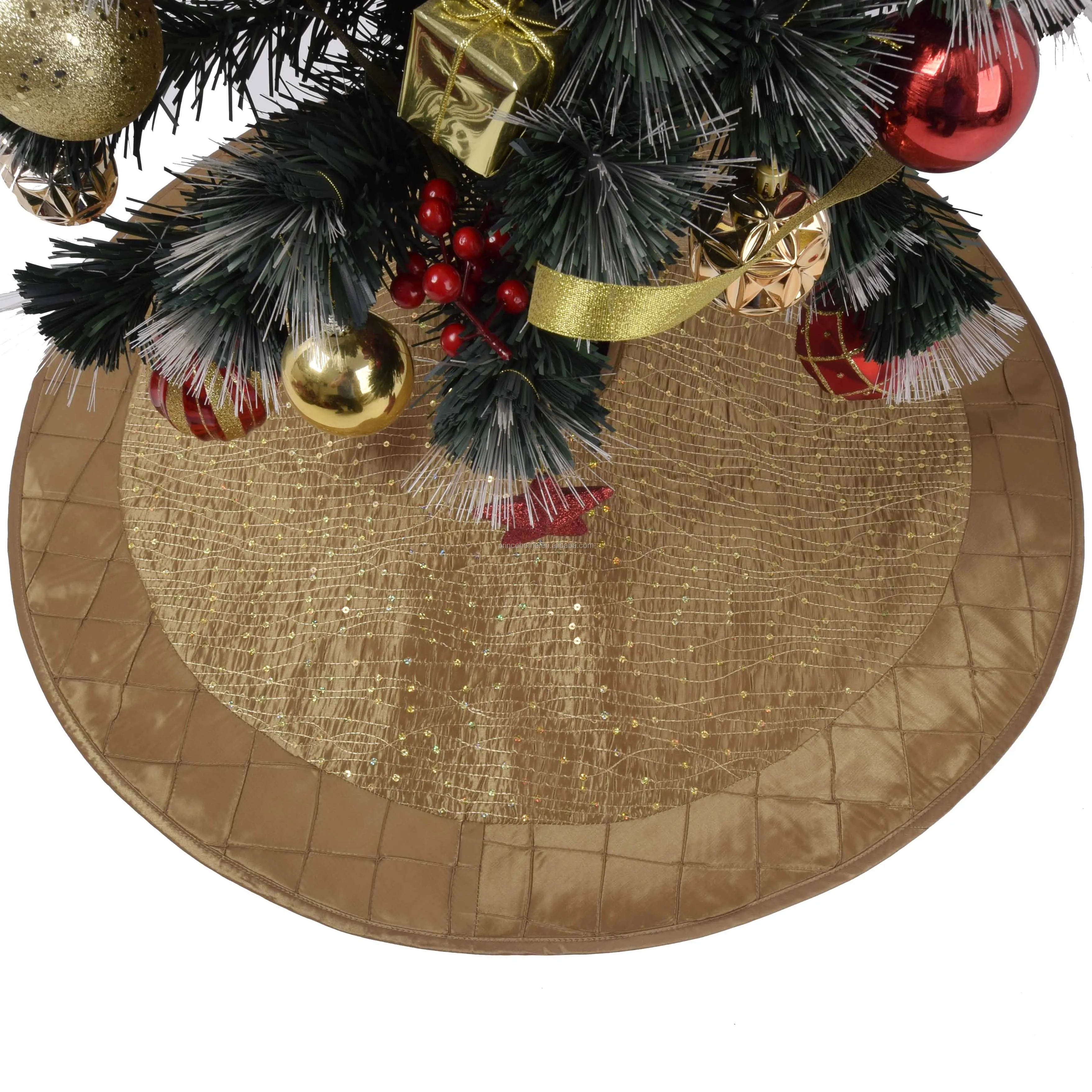 36' gold Sparkle Glitter Sequin faux silk  with Pintuck border Christmas Tree Skirt