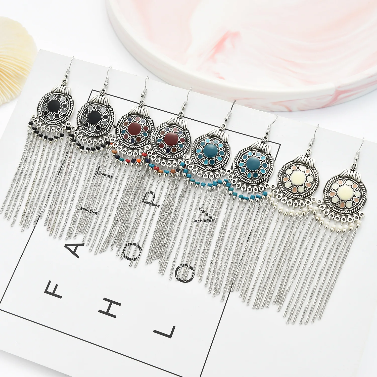 Vintage Tassel Earring Antique Silver Color Statement Ethnic Clover Enamel Drop Earring Bohemian Fashion Women Earring Jewelry