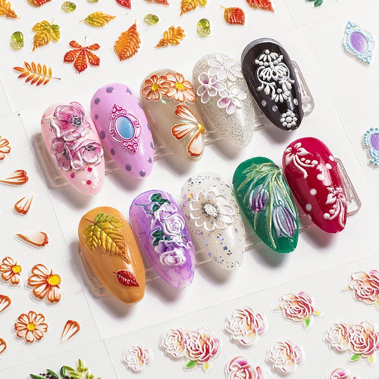 40 colors 6d nail flower sticker decoration water decals nail art stickers 5d embossed water transfer nail sticker