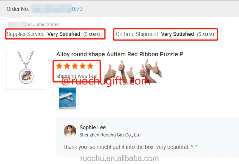 Alloy round shape Autism Red Ribbon Puzzle Pattern Pendant Necklace for autism children birthday gift