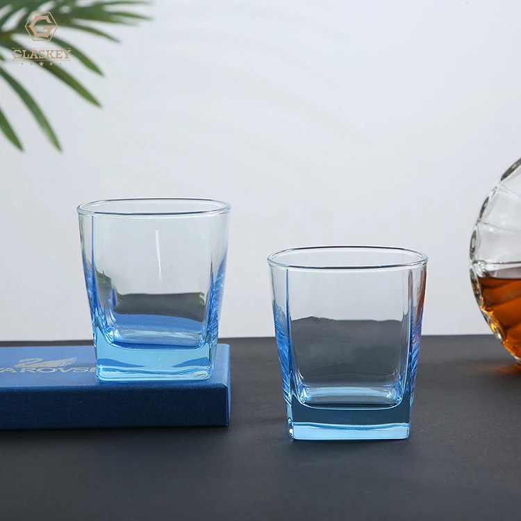 Luxury Blue Crystal Glass Whiskey Glass Square Base  Spirit Glass Gift Set Drinking Glassware For Scotland Whisky