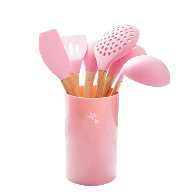 Wooden Handles Silicone Kitchen Cooking Tools Utensils Set 6pcs Silicone Scraper Spoon Oil Brush Food Grade Bamboo Color Box