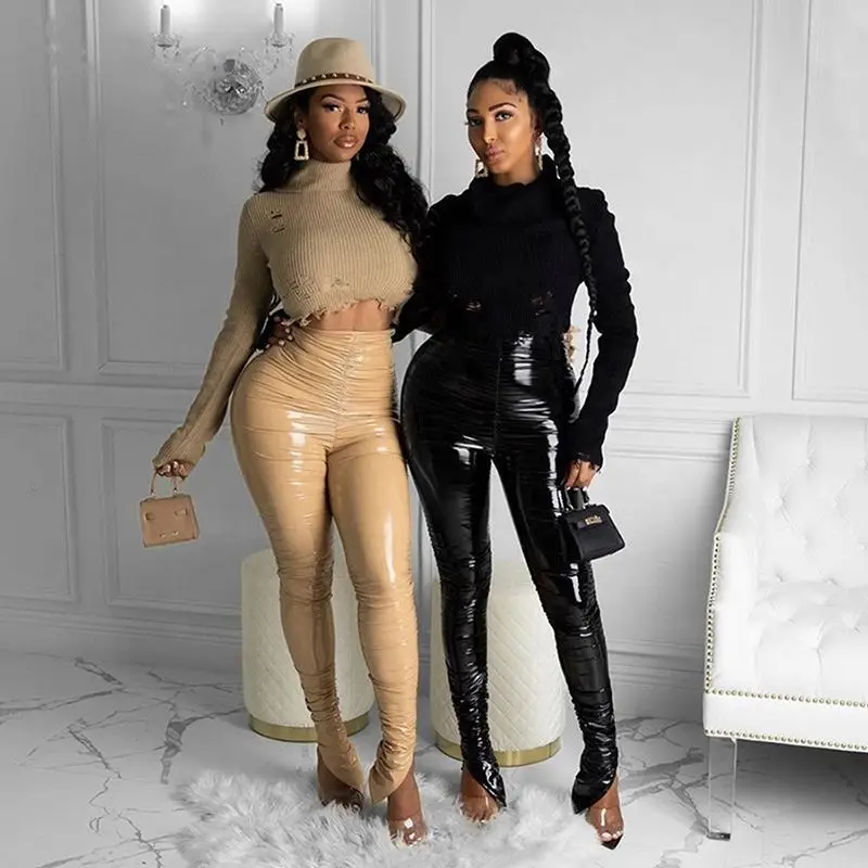 2021 most popular solid color high waist split stacked leather pants for women