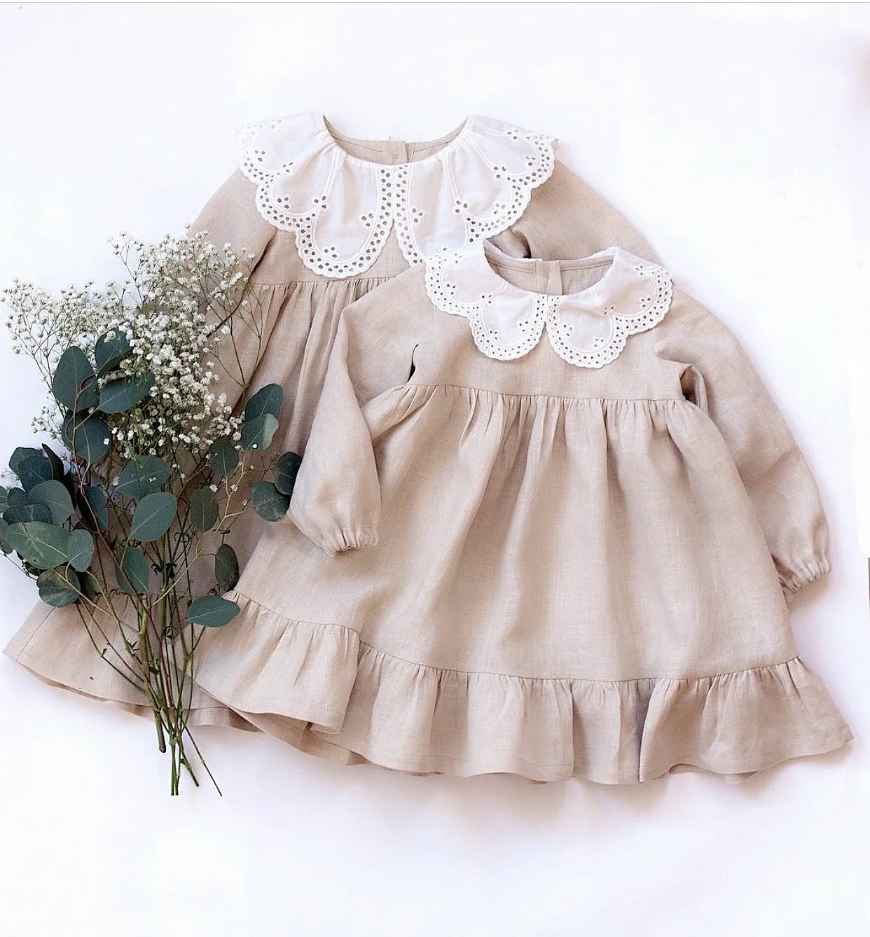 RTS Australia UK US Designer Toddler Children Dresses Puff Short Sleeve Cotton and Linen Princess Party Kids Dress Girls Linen