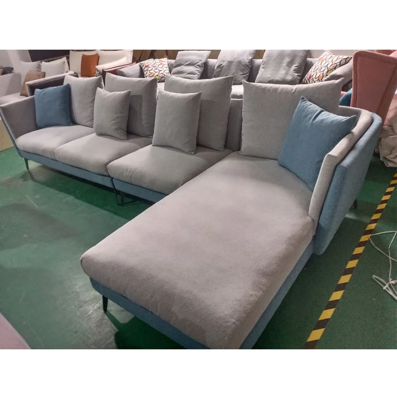 Foshan factory direct supply Italian style light grey and sky blue four seaters velvet L shape sofa for home living room