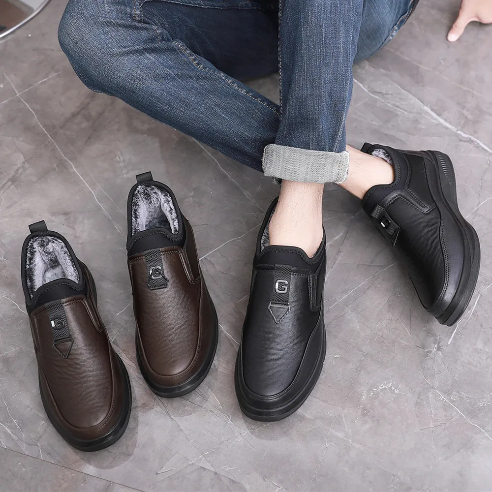 PU sole light weight water proof fur lined Mens winter warm leather boots loafers Shoes moccasins for men