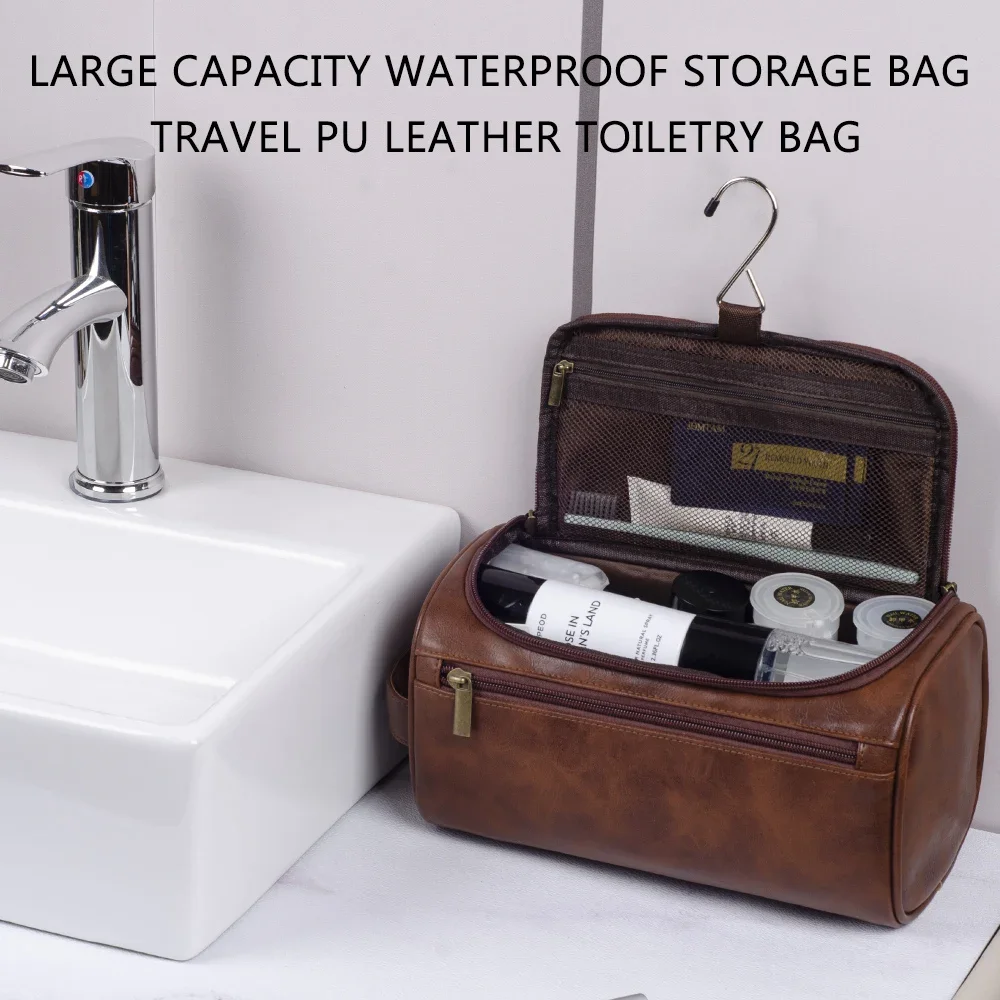 Men Women Travel PU Leather Toiletry Cosmetic Bag Portable Hanging Toiletry Bag Makeup Cosmetic Organizer Case For Bathroom